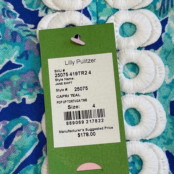 HTF Lilly Pulitzer Jane Shift Capri Teal Pop Up Tortuga Time, Size 4, NWT - Picture 9 of 9
